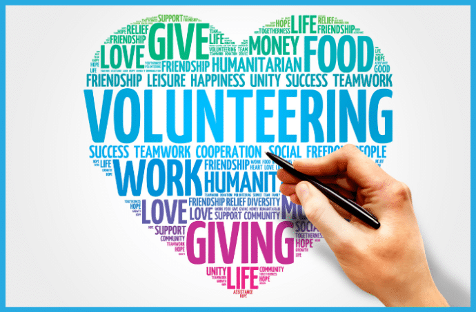 word cloud in the shape of a heart with volunteering at the center